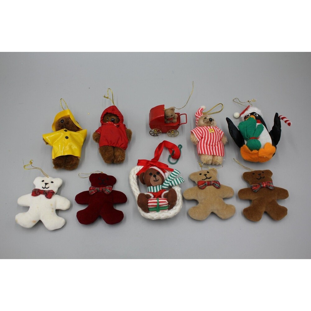 Vintage Teddy Bear MCM Christmas Decor Lot Of 10 Raincoat Penguin Pajamas Bows